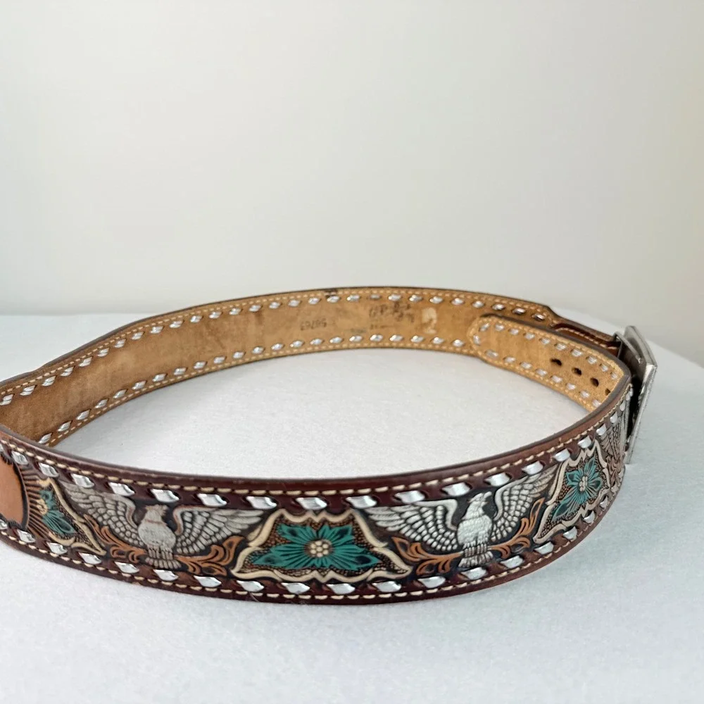VTG Western Tooled Leather‎ Belt Eagle Floral Inlay Personalized Jerry Size 36